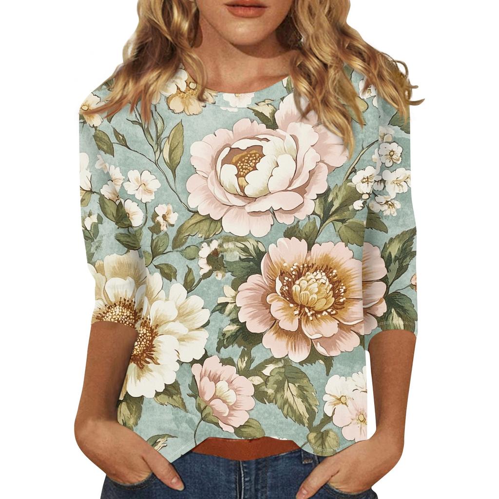 Women's Fashion Casual Three-quarter Sleeve Floral Print Round Neck Pullover Top