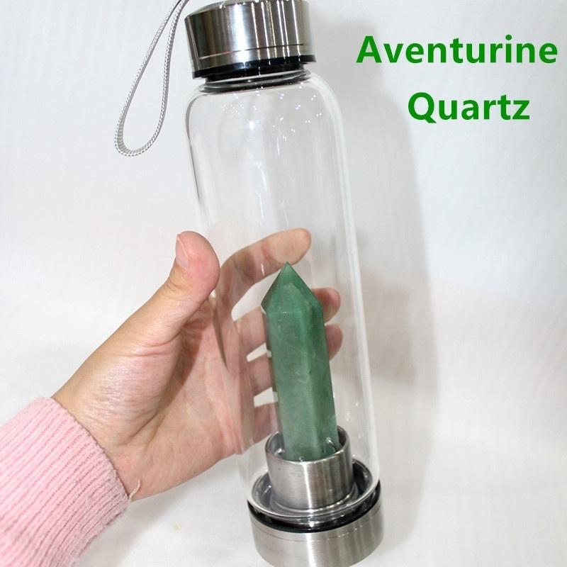 

Бутылка с лечебной водой из натуральных кристаллов 550 мл, крышка из нержавеющей стали 304, флюорит, кварцевый камень, палочка, энергетическая стеклянная бутылка, чашка для воды Aventurine Quartz