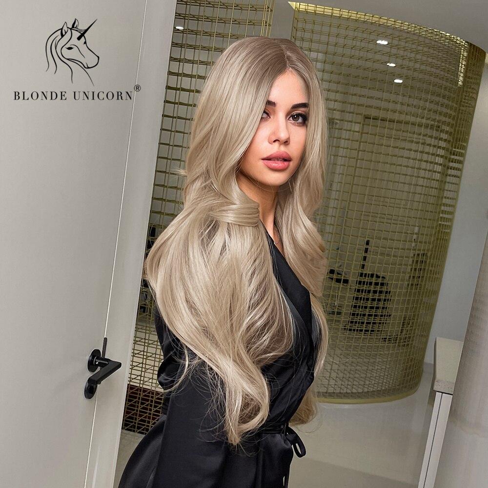 BLONDE UNICORN Krajková část Syntetická Dlouhá vlnitá paruka Hnědé kořenové Ombre Blond vlasy Paruky pro černé bílé ženy Denní vlasy