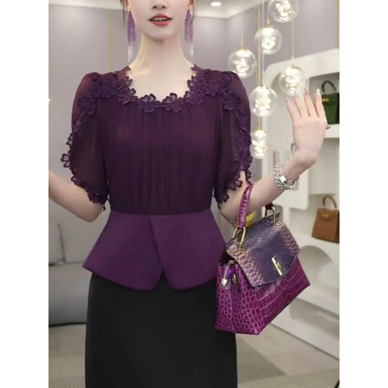 Summer New Luxury Social Temperament Purple Fashionable Waist Shirt Top