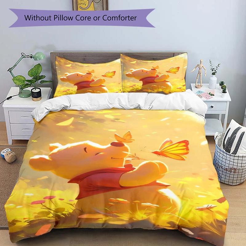 3pcs Winnie the Pooh Butterflies Printed Quilt Set Soft and Comfortable Quilt Cover for Bedroom, Guest Room Bedding Set Q091