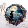 1 Stück Buntglas Katze Mond Wolken Design Automatischer Faltregenschirm - Tragbares 3-fach Design mit 8-Speichen Eisenrahmen, Outdoor für Fans, Reisende, Täglich