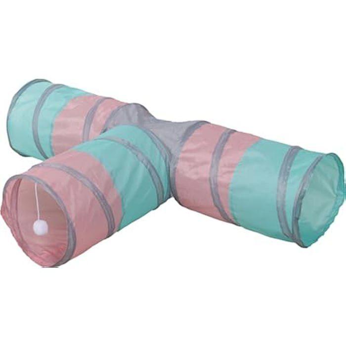 Tunnel pour chat - kerbl - triangle - turquoise/rose/gris - 80 × 50 × ø 25 cm
