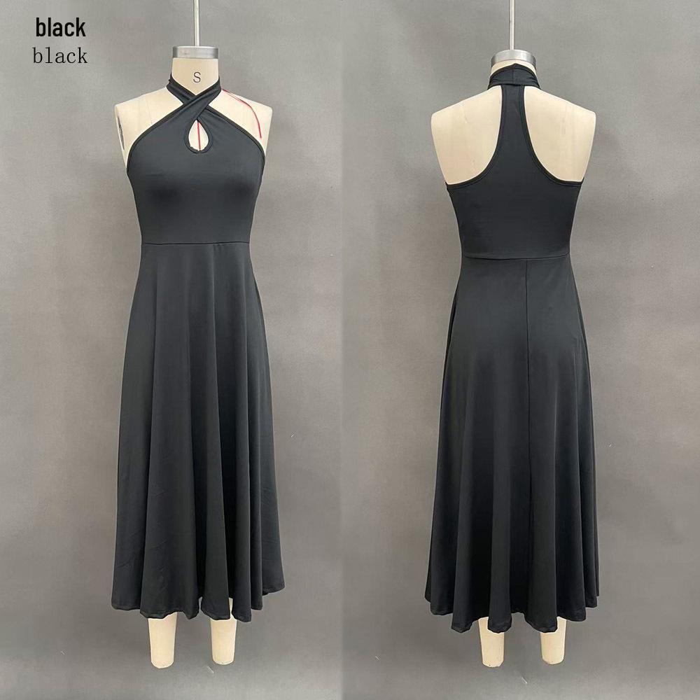 Retro Elegant Black Keyhole Backless Halter Neck A-line Long Dress for Women