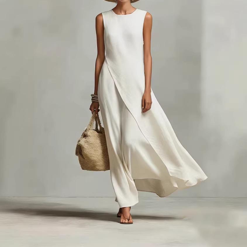 Abito Maxi Estivo da Donna Senza Maniche Girocollo in Misto Lino, Orlo Asimmetrico Irregolare, Vestito Lungo Lento Fluido Monocromatico, Abito da Sole Minimalista Casual per le Vacanze