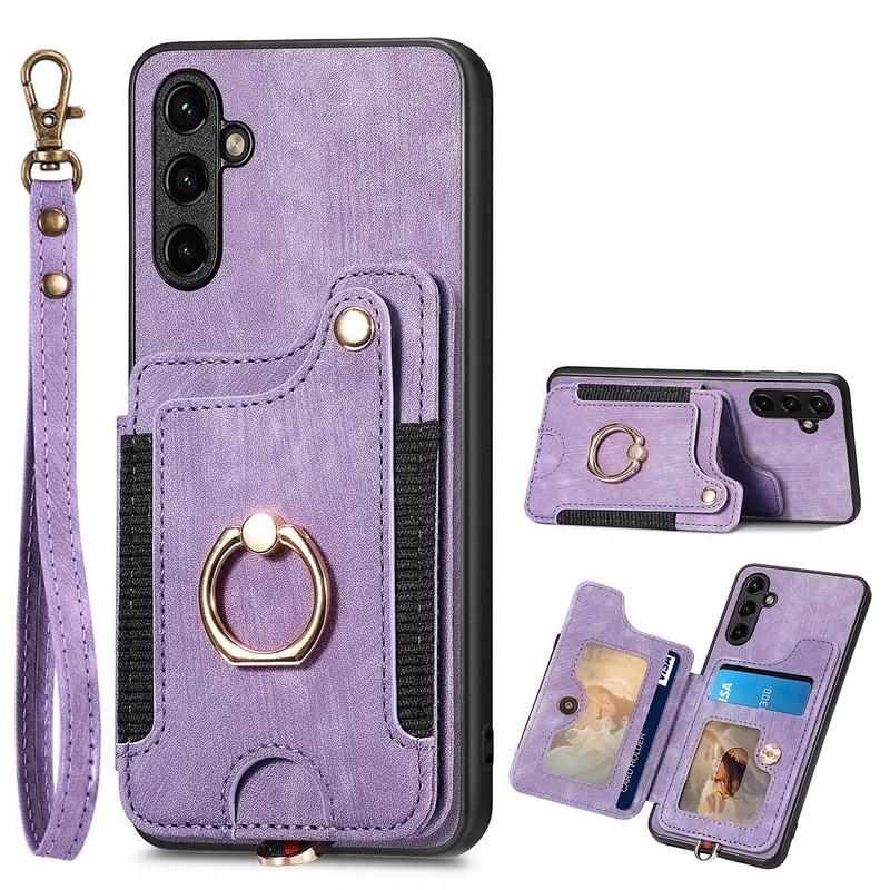 Leather Magnetic Card Bag Case For iPhone 17 16 15 14 13 Xiaomi 13T Poco X5 Pro Ring Bracket Cover For Samsung S24 Ultra S23 A54 Google With Wristband