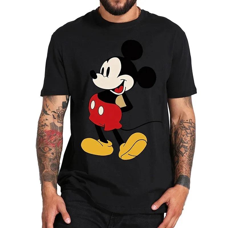 Cotton Black T-shirt for Men Disney Mickey Mouse Pattern Women's T-shirt Anime Tops Summer Fashion Couples Section Short-Sleeved