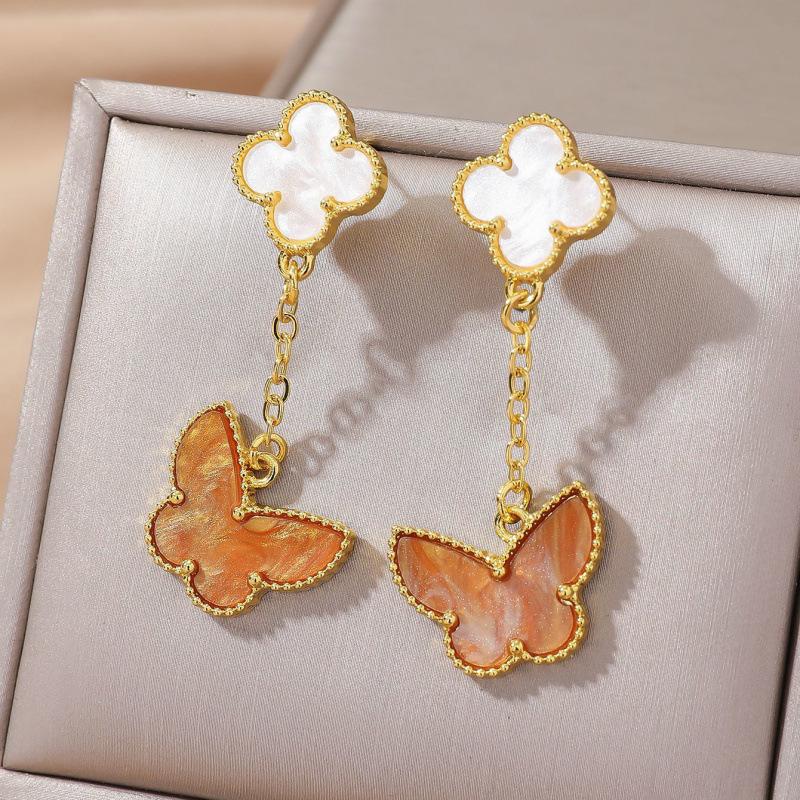 Luxurious Four-Leaf Clover & Tiger's Eye Butterfly Earrings for Women