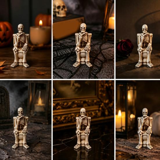 Miniature Skeleton Figure On Toilet Figurine, Funny Gothic Bathroom Statue, Spooky Unique Party Props Halloween Resin Ornament for Home Office