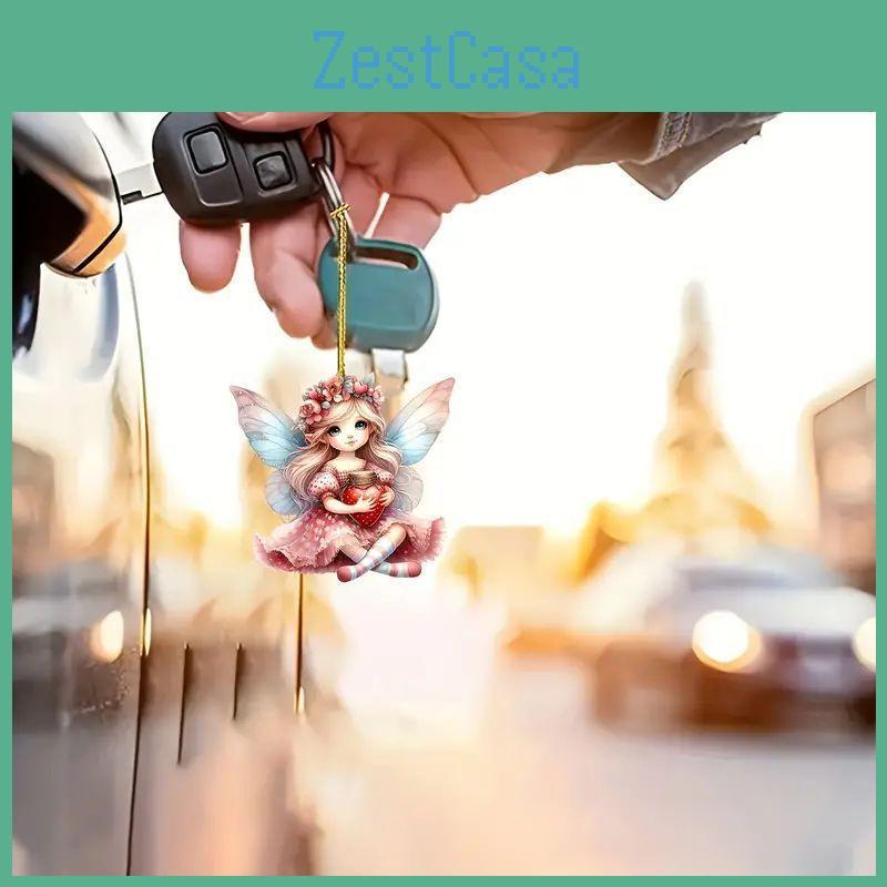 Cute Acrylic Pink Angel Fairy Keychain With Wings For Car Mirror Decoration