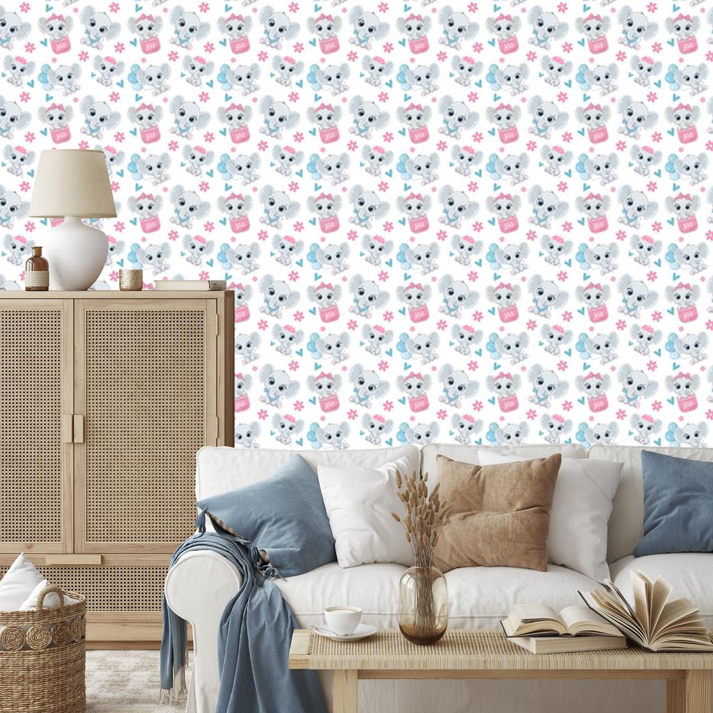 Elephants Wallpaper White, Light Gray and Powder Pink 50x1000
