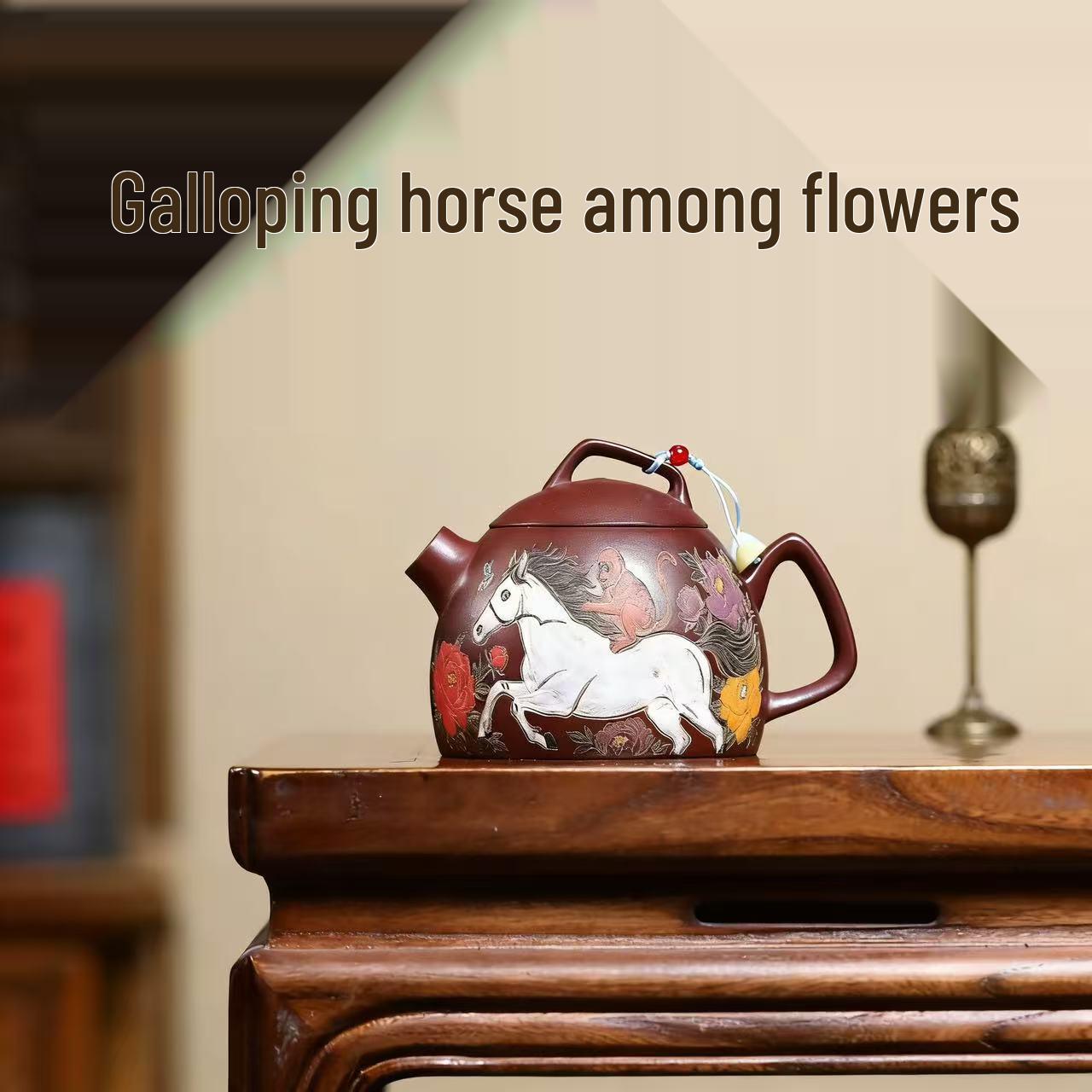

Yixing Zisha Red Clay Teapot with Engraved Flowers and Horses Design 330ml