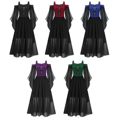 Halloween Gothic Dresses for Girls Butterfly Sleeve Lace Up Dress Cold Shoulder Flowy Medieval Cosplay Dress