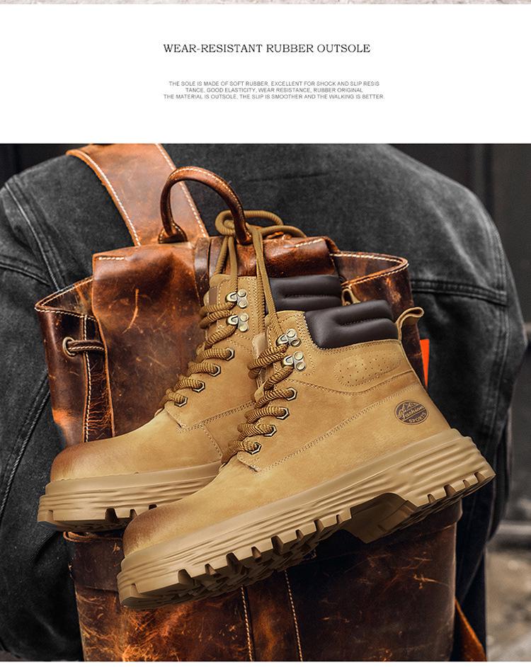 Pánské podzimní zimní vysoké boty z pravé kůže, britský styl, plyšové, venkovní, žluté pracovní boty