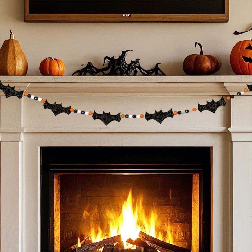 Halloween Wooden Bead Garland with Ghosts and Bats for Spooky Mantel Decorations and Photo Props Haunted House Theme