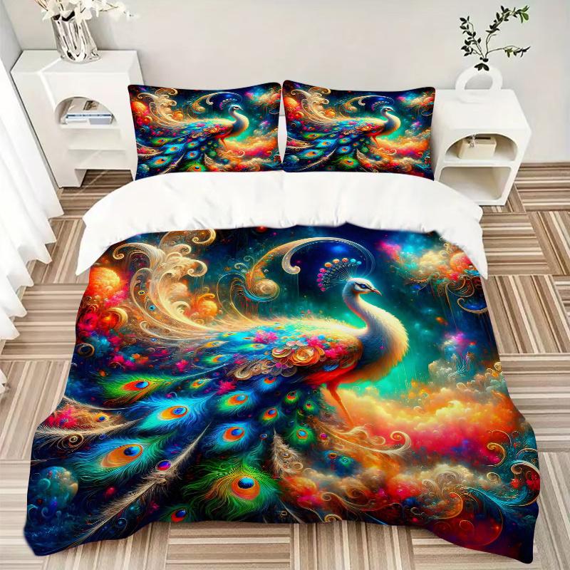 3pcs Peacock in a Vibrant Dreamlike Landscape Pattern Bedding Three-Piece Set (1 Cover + 2 Pillowcases, No Fillings), This Printed Bedding Set Is