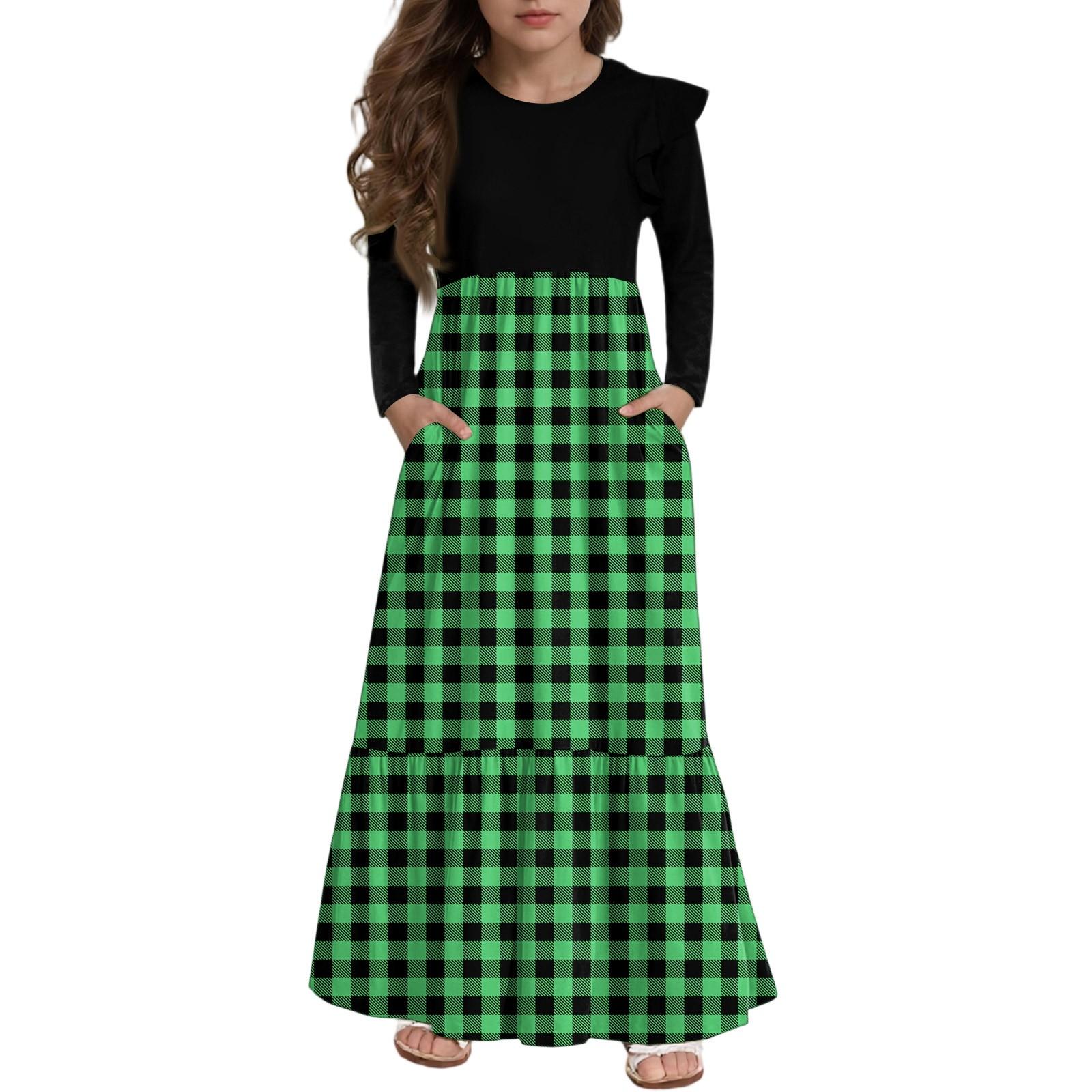 

Girls Tiered Ruffle Dress - Long Sleeve Printed Maxi With Pockets 150 зелений