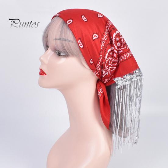 Party Headscarf Sequins Scarf Exquisite Pattern Tassel Design Non-Fading Washable Quick Dry Fringed Bandana Decorative Polyester Women Beautiful for