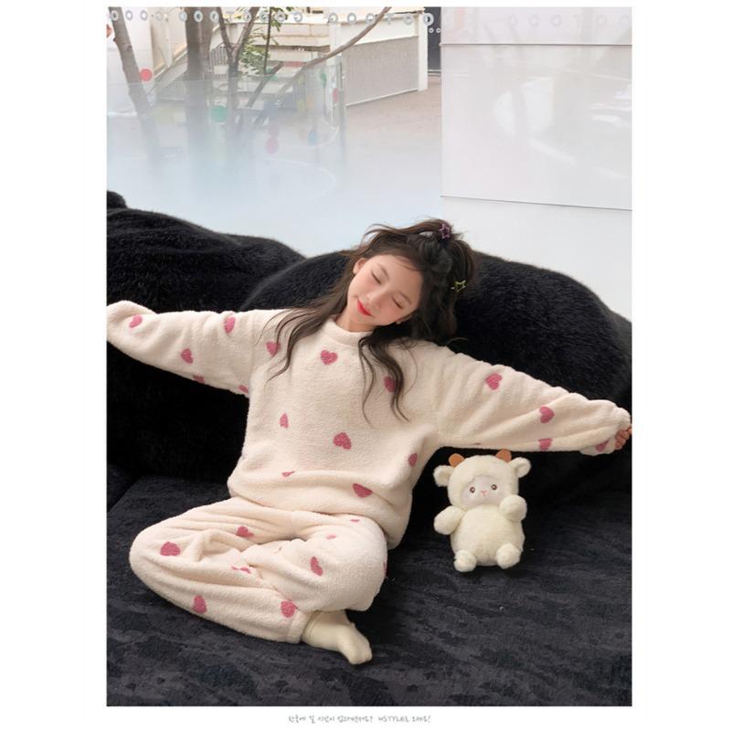 Girls Winter Coral Fleece Loungewear Set Big Kid Heart Pattern