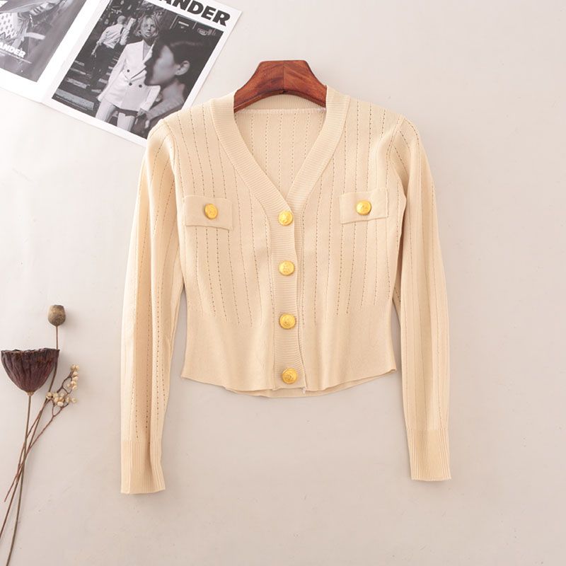 Classic Style V-neck Single Breasted Knitting Cardigan Summer Long-Sleeve Outer Match Short Silm Slim Looking Outer Tops