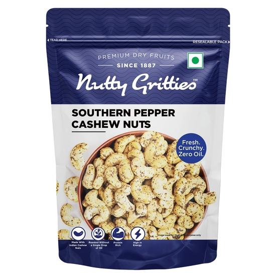 Nutty Gritties Premium Jumbo Size Southern Pepper Cashew Nuts 200g, Natural Flavoured Whole Cashew | Zero Breakage | Resealable Pouch 200GM