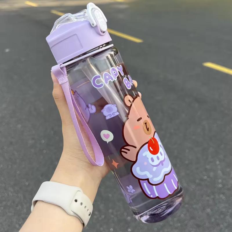 700ml Capybara Cute Water Bottle Large Capacity Sports Water Bottle with Straw & Handle Kawaii Water Cup for Outdoor Activities