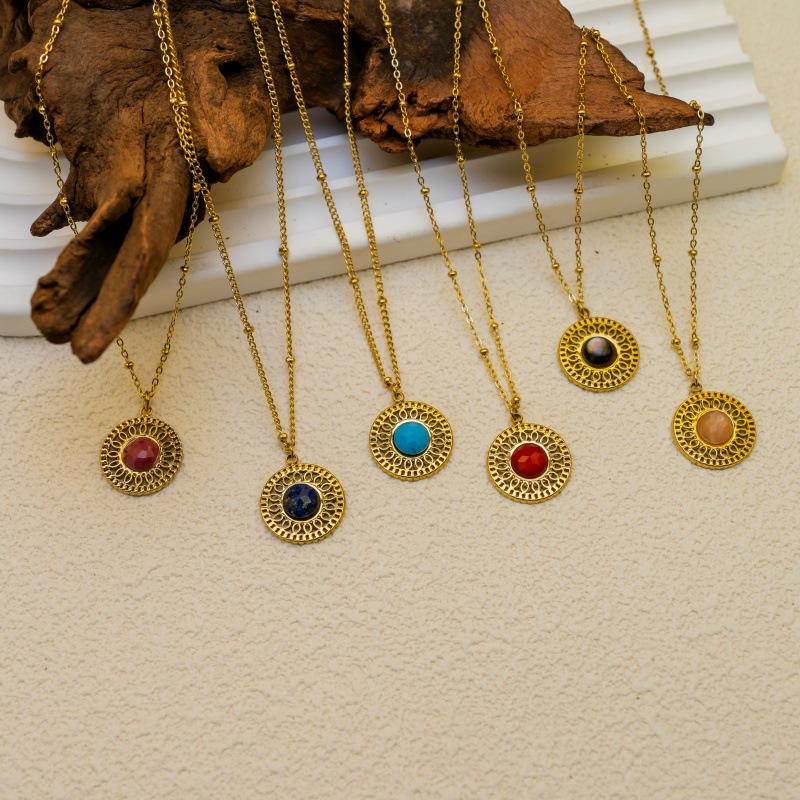 Vintage Stone Pendant Necklace - Hollow Red Agate Stainless Steel Adjustable Chain with Bohemian Charm