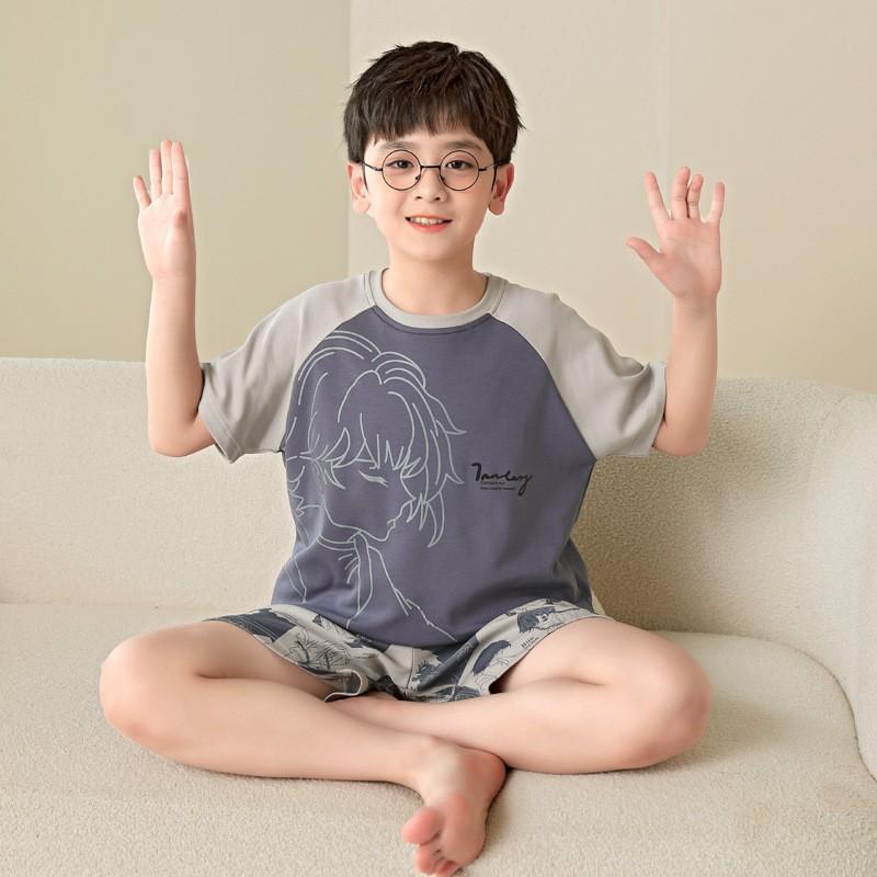 Boys Cotton Pajama Set Short Sleeve Shorts Sleepwear Kids 8-14 Years Cartoon Print Comfortable Home Wear