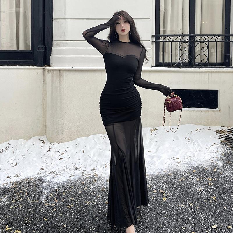 Ilya's New French Black Long-sleeved Mesh Dress Has A High Sense of Elegance and Elegance. Spice Girl