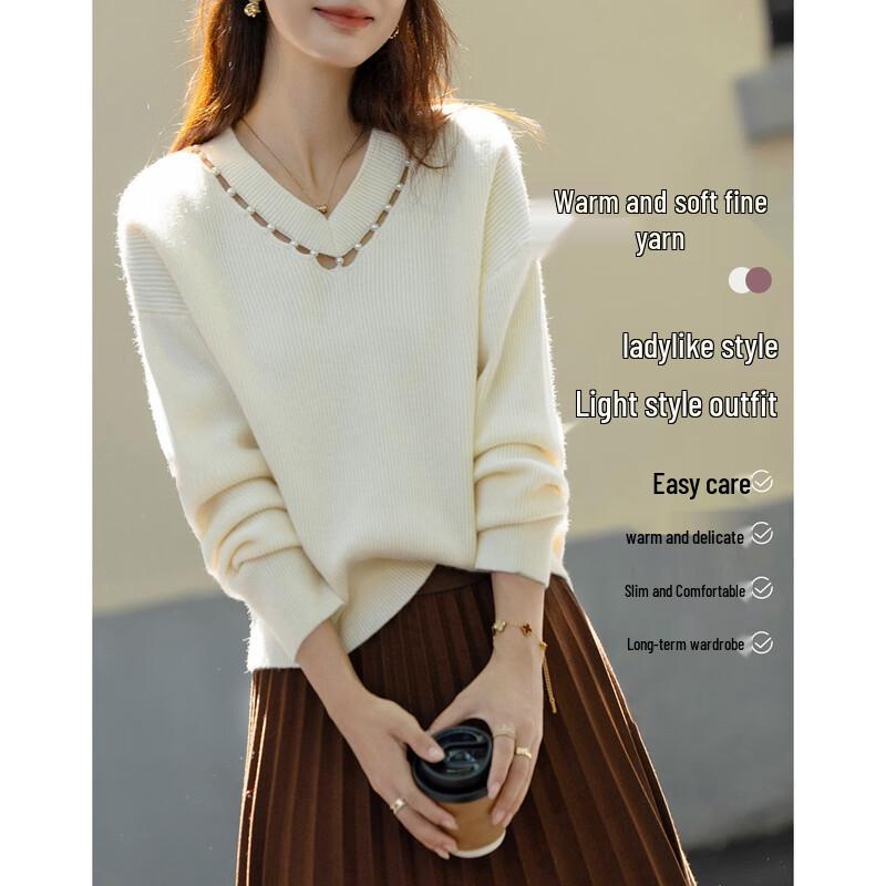 Demana Women's Ladylike V-Neck Cutout Knit Sweater