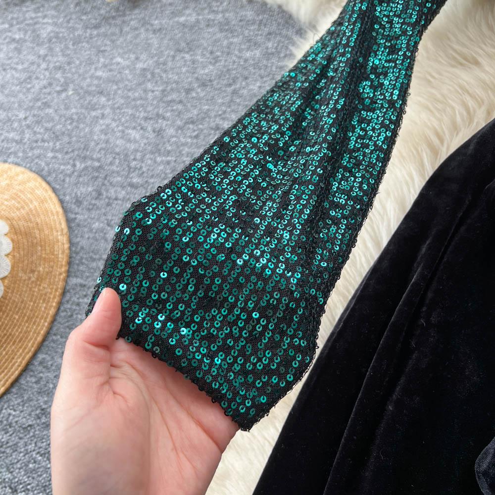 Chic Vintage Sequin Velour Long Sleeve Elegant Fairy Korean Fashion Autumn Fashion Dresses Women Clothing