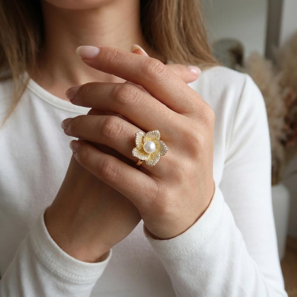 Delicate Textured Flower Copper Ring Set for Women Sweet Cubic Zirconia Faux Pearl Baguette Open Ring Party Jewelry Gift