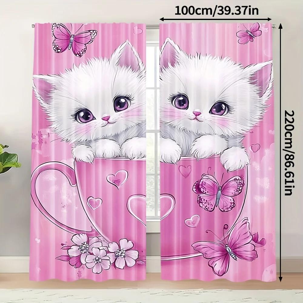Cute Pink Cat Theme Print Drapes Room Darkening Window Curtains for Home Decor,Rod Pocket Blackout Curtains Bedroom