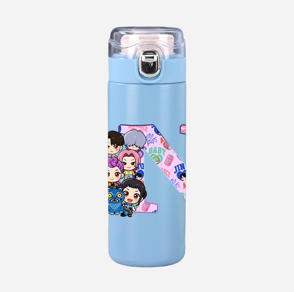 Anime K-Pop 26 English Letter Demon Hunters Printed 400Ml Water Bottle Thermos Cup Portable Stainless Steel Leak Proof Camping Water Cup Kid Gift