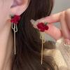Fashion Atmospheric Red Velvet Bow Earrings Femininity Sweet Flower Long Fringed Versatile Earrings