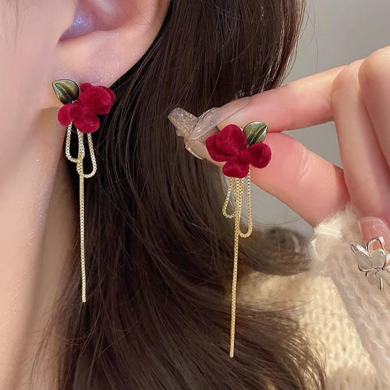 Fashion Atmospheric Red Velvet Bow Earrings Femininity Sweet Flower Long Fringed Versatile Earrings