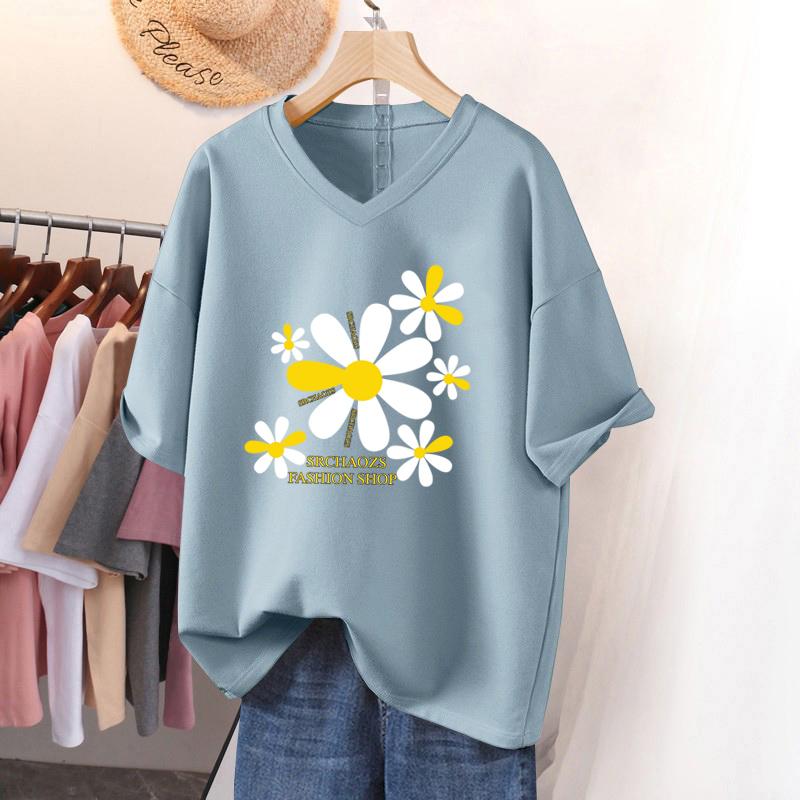 Short-sleeved T-shirt for Women, Large Size, Loose and Slimming, Printed V-neck Top