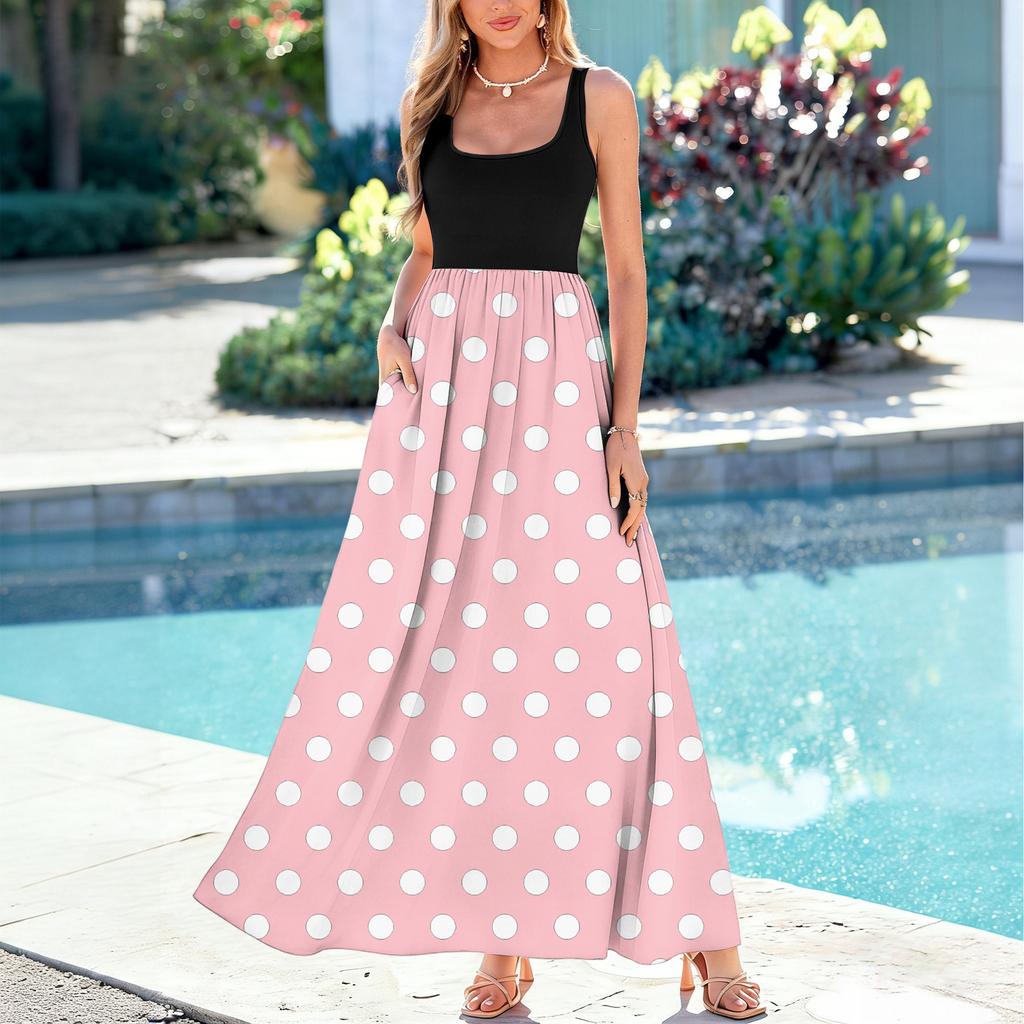 Ladies' polka dot print summer casual and fashionable sleeveless long dress