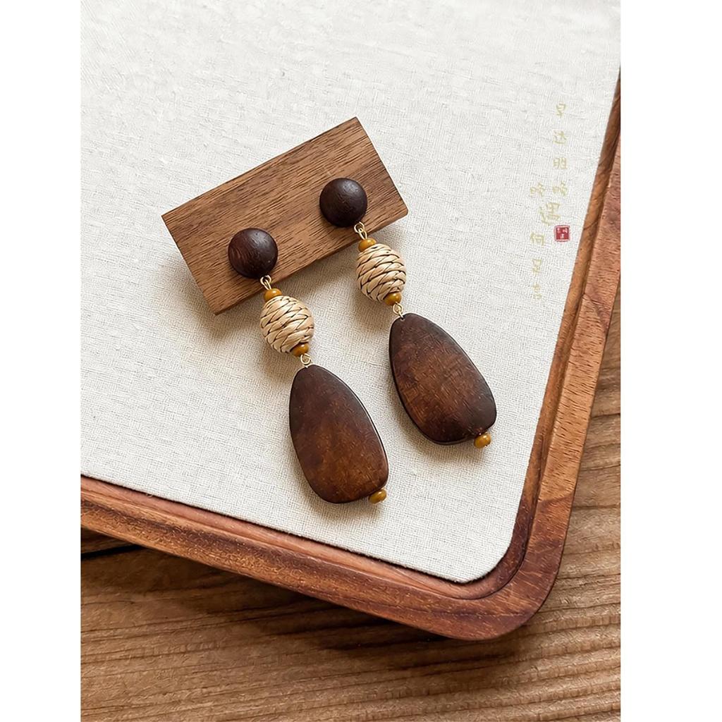 Forest Grass & Trees Wooden Woven Earrings: Ethnic Retro Hollow-Out Ear Jewelry for Women