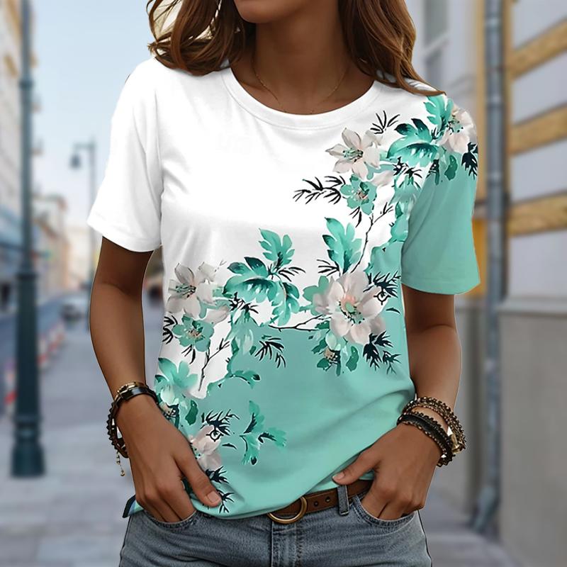 

Женская летняя футболка Цветочный Ретро Мода Футболки с коротким рукавом Повседневные Принтованные Топы 2XL зелёный