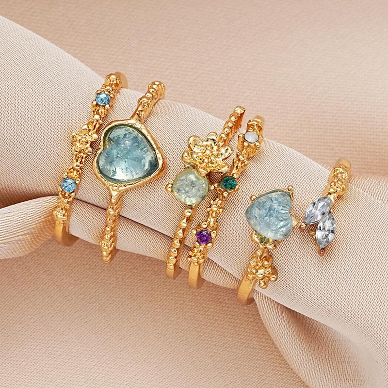 New Crystal Rings Heart Adjustable Ring Irregular Geometry Punk Vintage Rings Set for Women Girls Fashion Jewelry