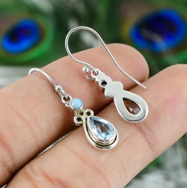 Two Stone Rainbow Moonstone Silver Earrings, 925 Sterling Silver Pear Shape , Teardrop Earring, Handmade Earring, Larimar Gemstone Dangle Drop Earring