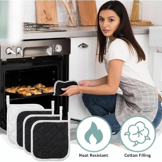 JUNW 4 Pcs Heat Resistant Pot Holders, Kitchen Pot Holders Square, Black and White Double Sided Potholders and Oven Mitts, Oven Pot Holders for Cloth