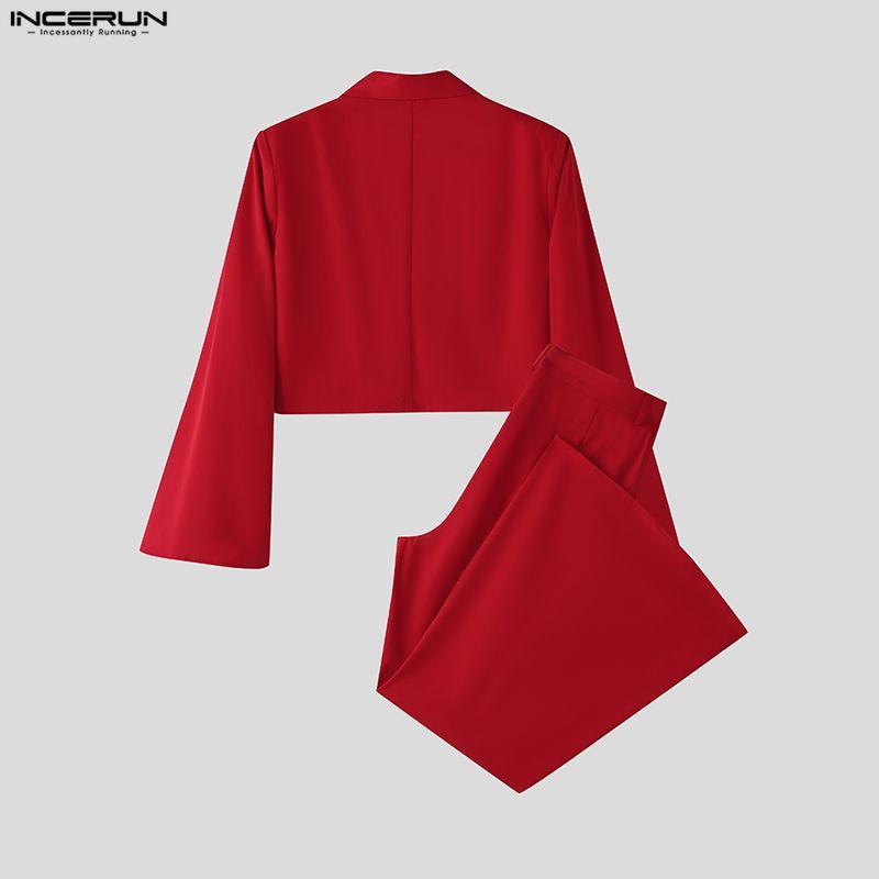 INCERUN 2PCS Men Lapel Long Sleeve Cropped Blazer Long Splits Flare Pants Casual Outfits Two Piece Sets