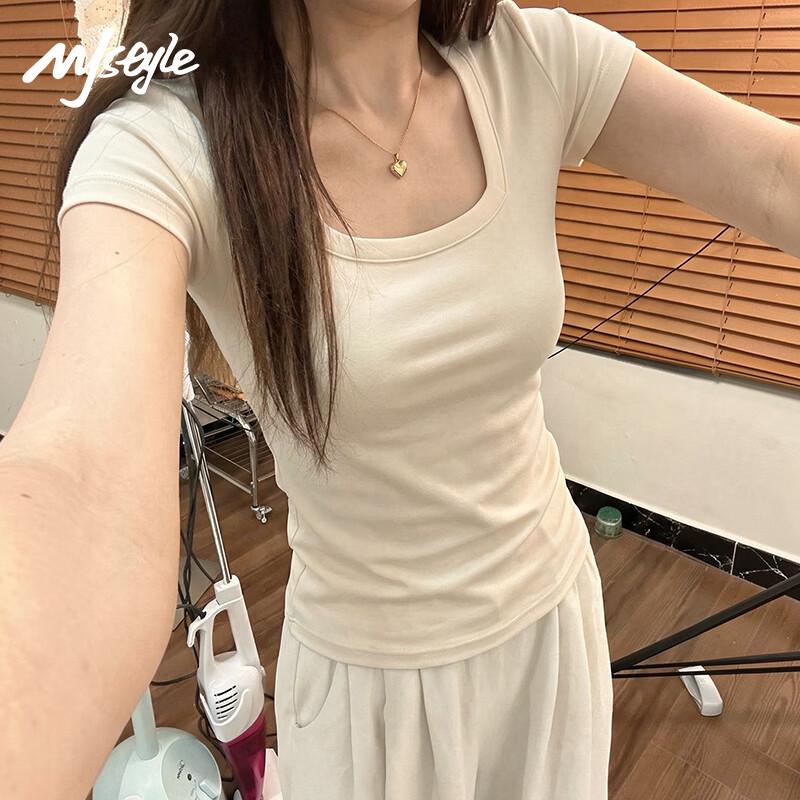 MJ STYLE Women s Square Neck Slim Fit Short Sleeve T-Shirt L
