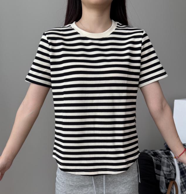 Women's High-End Hong Kong Style Black & White Striped Loose Summer T-Shirt