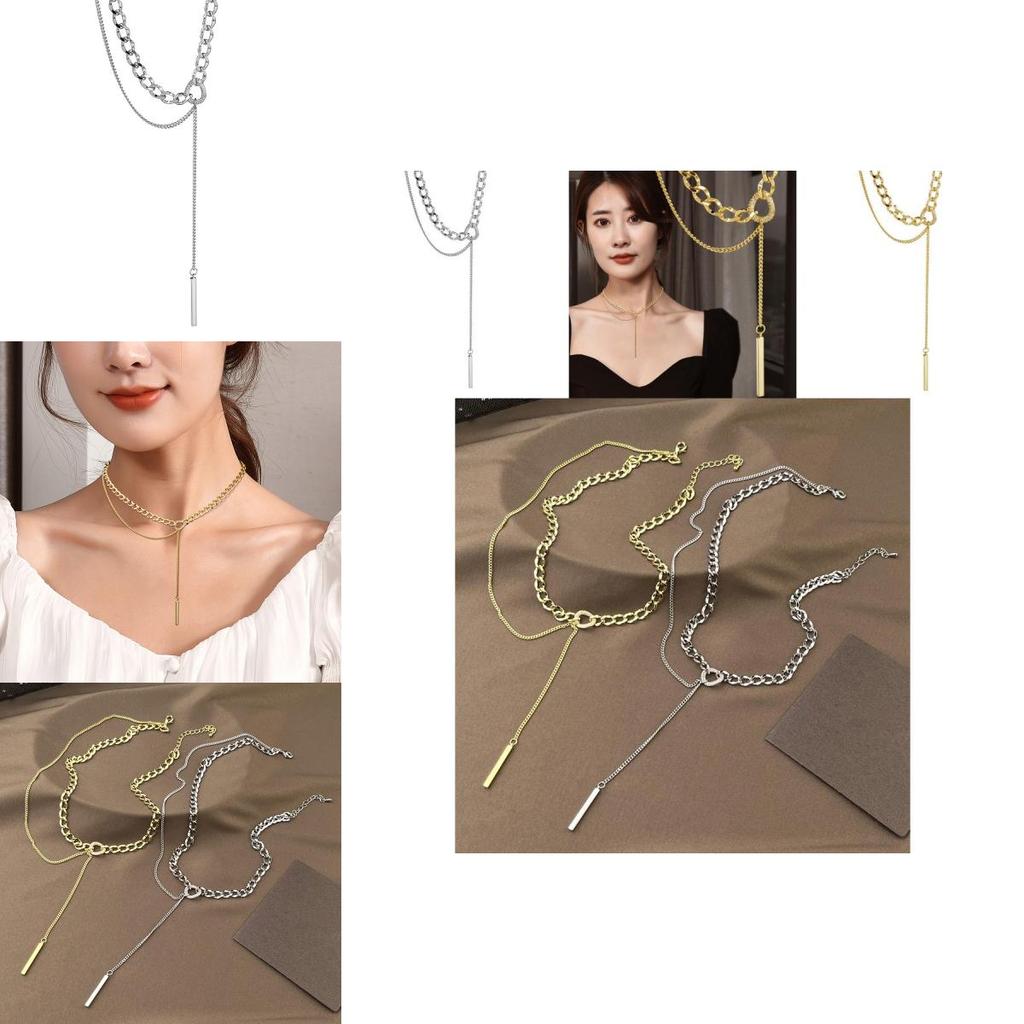 Stylish Geometric Titanium Steel Layered Chain Necklace For Women With Elegant Tassels