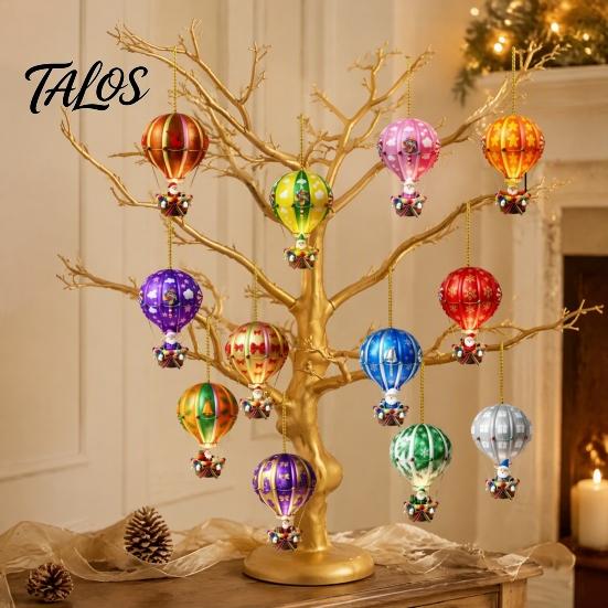 Christmas Tree Decor for Parties 12Pcs Hot Air Balloon Wooden Ornaments, 2D Flat Santa Hanging Pendant, Seasonal Windows Colorful Rainbow Wood Slices