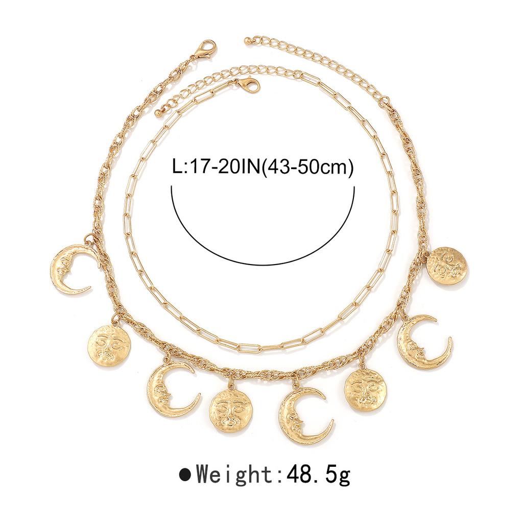 Women European Retro Relief Portrait Sun Moon Necklace Minimalist Personality Double Layer Chain Choker