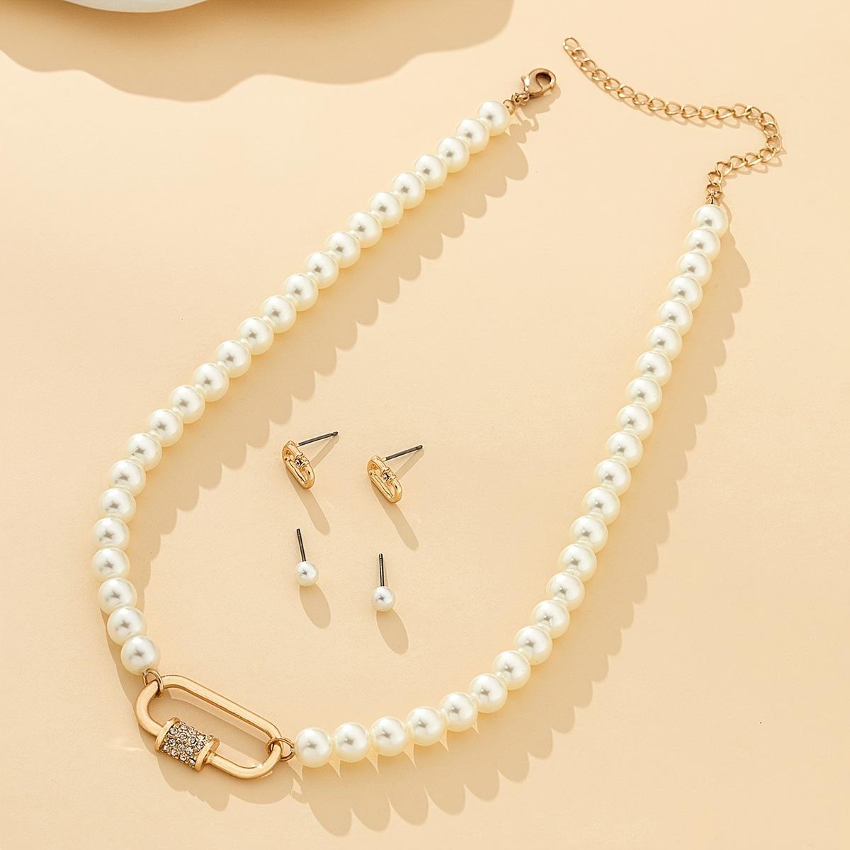 

Multiple retro pearl buckle necklace stud earrings simple fashion niche versatile collarbone chain jewelry білий